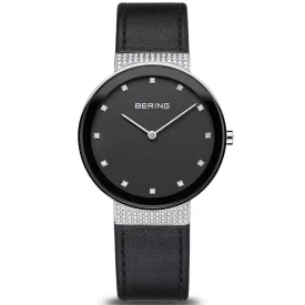 Bering Classic 15th Anniversary women's watch 10135-4025, black dial, black leather strap