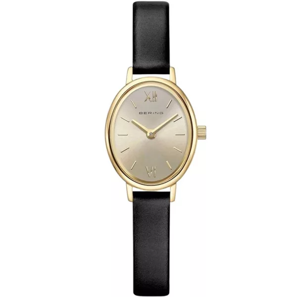 Bering Classic women's watch 11020-433, gold dial, black leather strap