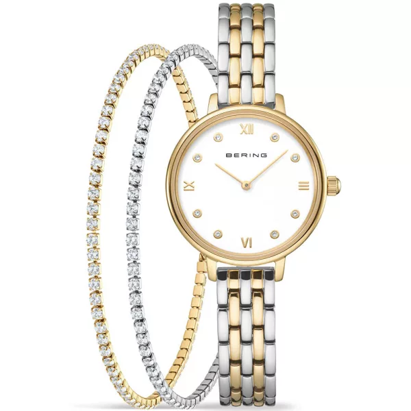 Bering Classic women's watch set 11028-714-GWP, white dial, silver stainless steel strap
