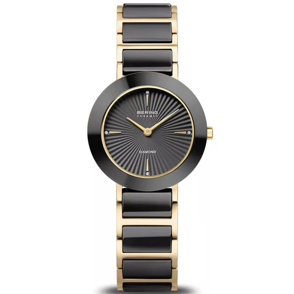 Bering Ceramic women's watch 11429-732, black dial, gold stainless steel strap
