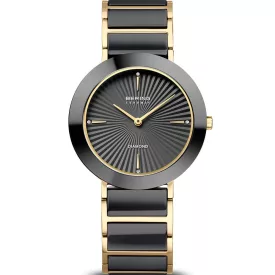 Bering Ceramic women's watch 11435-732, black dial, gold stainless steel strap