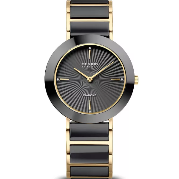 Bering Ceramic women's watch 11435-732, black dial, gold stainless steel strap