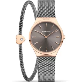 Bering Classic women's watch set 12131-369-GWP, gray dial, silver stainless steel strap