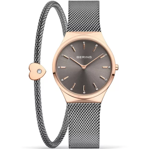 Bering Classic women's watch set 12131-369-GWP, gray dial, silver stainless steel strap