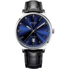 Doxa D-Auto men's watch 195.10.201.01, blue dial, black leather strap