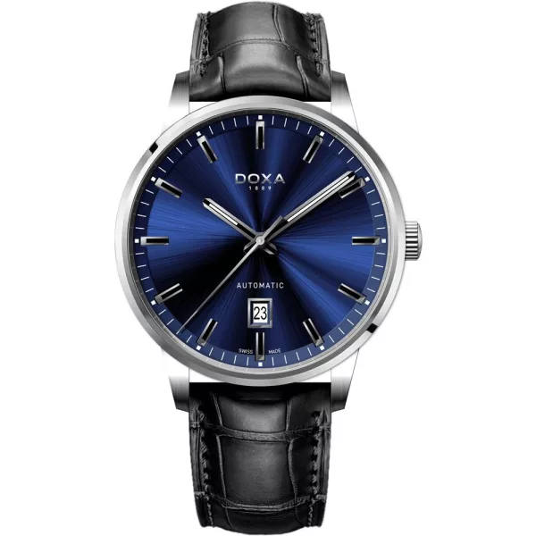 Doxa D-Auto men's watch 195.10.201.01, blue dial, black leather strap