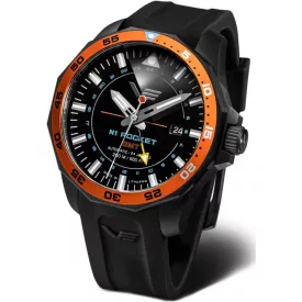 Vostok Europe N1 Rocket GMT men's watch NH34A-225C714-SBLK, black dial, black silicone strap