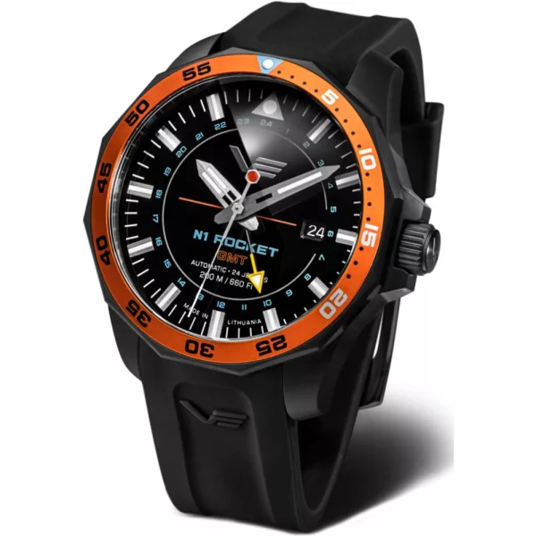 Vostok Europe N1 Rocket GMT men's watch NH34A-225C714-SBLK, black dial, black silicone strap