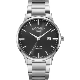 Roamer R Line men's watch 718833 41 55 70, black dial, silver stainless steel strap