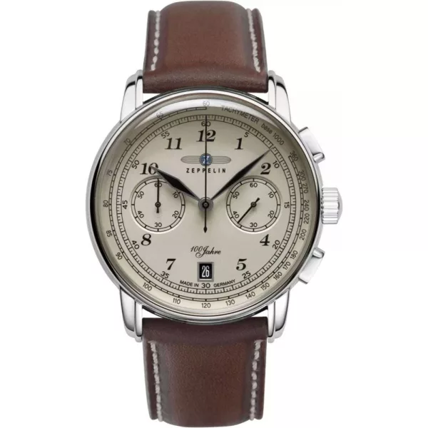 Zeppelin 100 Jahre men's watch 7674-6, beige dial, brown leather strap
