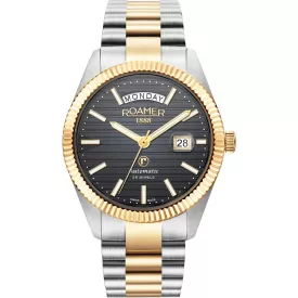 Roamer Primeline Daydate II men's watch 981666478520, black dial, silver stainless steel strap