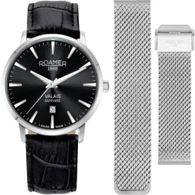 Roamer Valais men's watch set 988833 41 85 05, black dial, silver leather strap