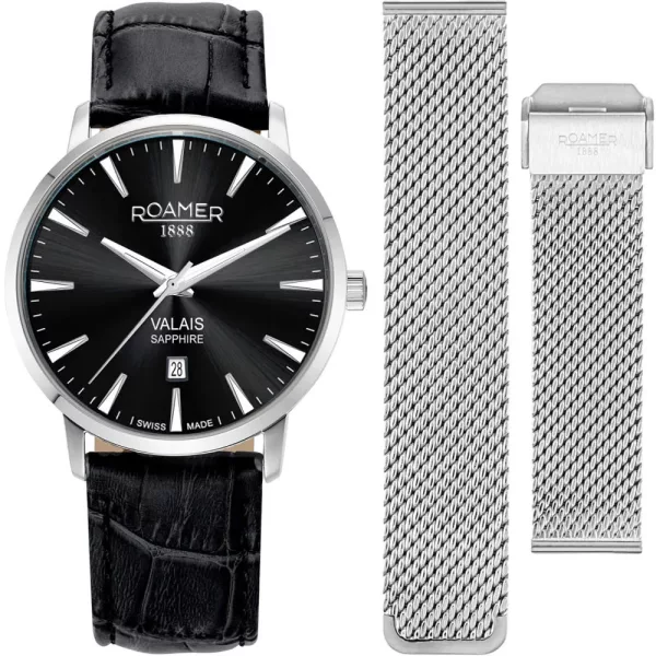 Roamer Valais men's watch set 988833 41 85 05, black dial, silver leather strap