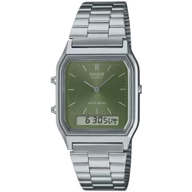Casio Vintage unisex watch AQ-230A-3AMQYES, green dial, silver stainless steel strap