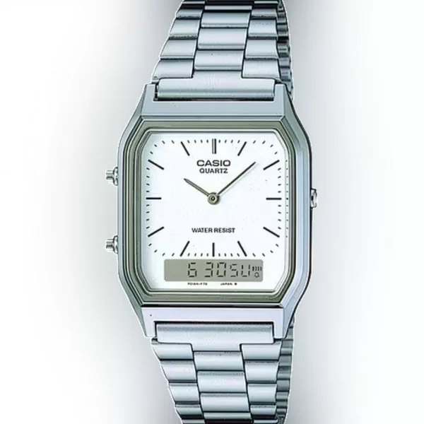 Casio Vintage unisex watch AQ-230A-7DMQYES, white dial, silver stainless steel strap