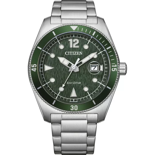 Citizen Sporty men's watch AW1880-55X, green dial, silver stainless steel strap