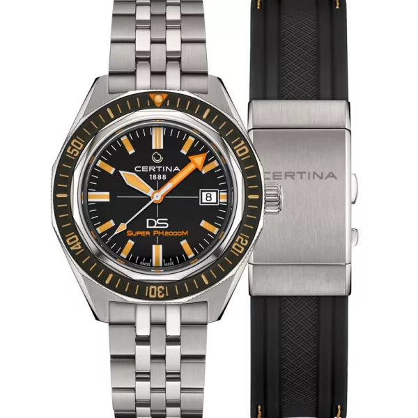 Certina DS Super PH2000M men's watch set C050.607.44.051.02, black dial, silver titanium strap