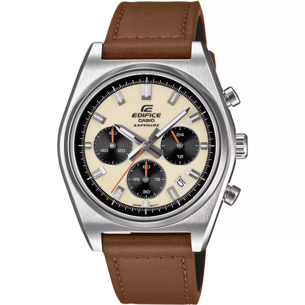 Casio Edifice men's watch EFB-730L-7AVUEF, beige dial, brown leather strap