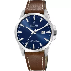 Festina Swiss Made men's watch F20025/3, blue dial, brown leather strap