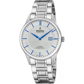 Festina Swiss Made men's watch F20067/3, silver dial, silver stainless steel strap