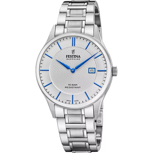 Festina Swiss Made men's watch F20067/3, silver dial, silver stainless steel strap