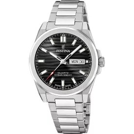 Festina Swiss Made men's watch F20073/5, black dial, silver stainless steel strap