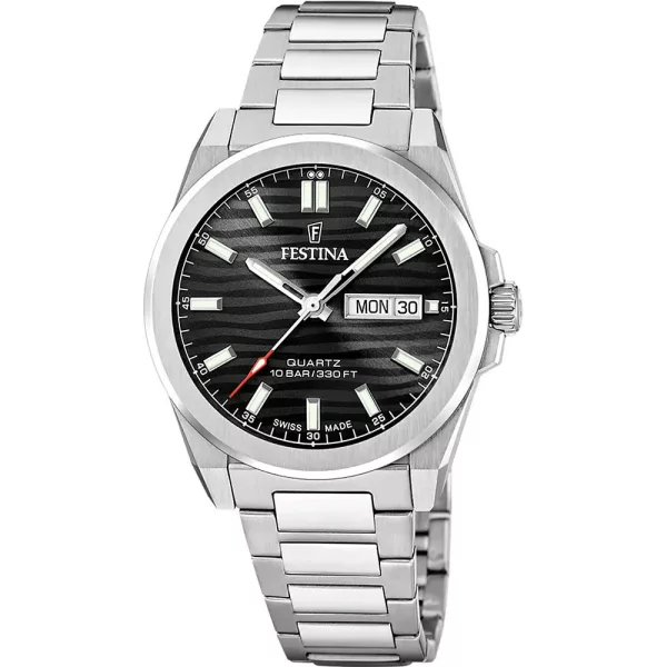 Festina Swiss Made men's watch F20073/5, black dial, silver stainless steel strap