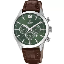 Festina Timeless Chronograph men's watch F20542/8, green dial, brown leather strap