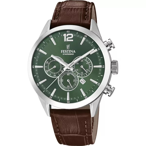 Festina Timeless Chronograph men's watch F20542/8, green dial, brown leather strap