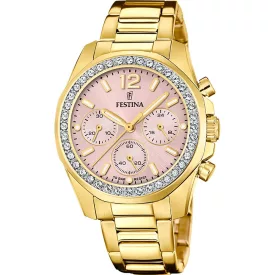 Festina Boyfriend women's watch F20609/4, rose gold dial, gold stainless steel strap