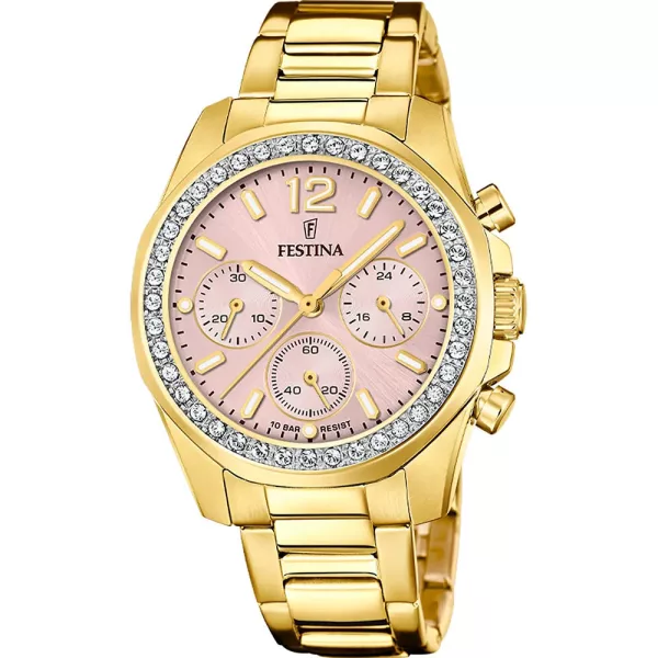 Festina Boyfriend women's watch F20609/4, rose gold dial, gold stainless steel strap
