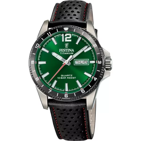 Festina Titanium men's watch F20699/3, green dial, black leather strap