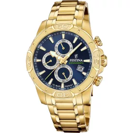 Festina Timeless Chronograph men's watch F20705/5, blue dial, gold stainless steel strap