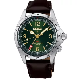Seiko Prospex Alpinist GMT men's watch HBC007J1, green dial, brown leather strap
