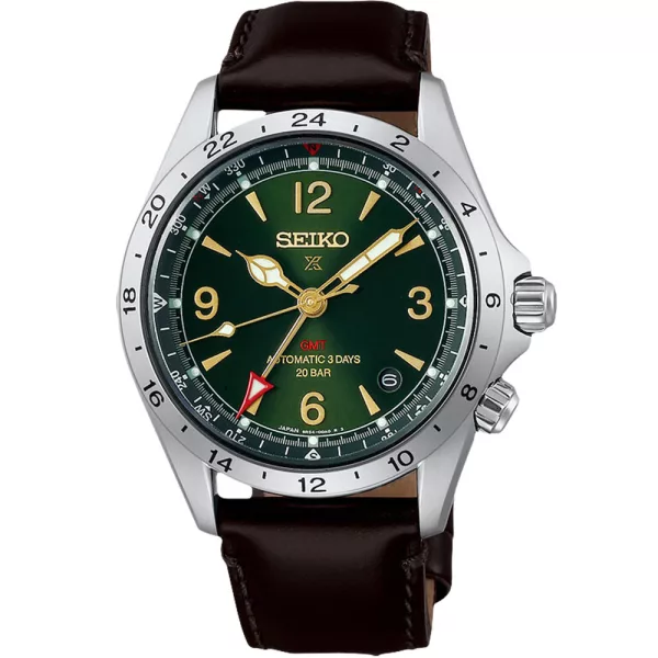 Seiko Prospex Alpinist GMT men's watch HBC007J1, green dial, brown leather strap