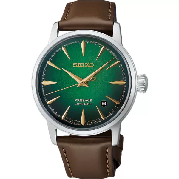 Seiko Presage Cocktail Time Mint Mist men's watch HCB002J1, green dial, brown leather strap