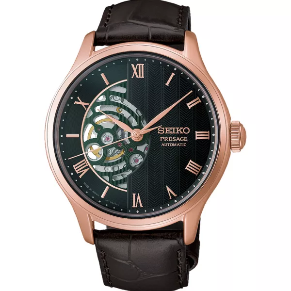 Seiko Presage Japanese Garden men's watch HCB007J1, green dial, brown leather strap