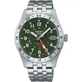 Seiko 5 Sports Field GMT men's watch HDB001K1, green dial, silver stainless steel strap