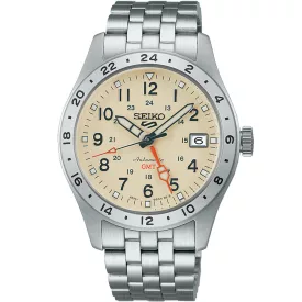 Seiko 5 Sports Field GMT men's watch HDB002K1, beige dial, silver stainless steel strap