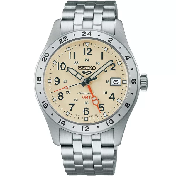 Seiko 5 Sports Field GMT men's watch HDB002K1, beige dial, silver stainless steel strap