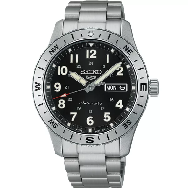 Seiko 5 Sports Field New Design men's watch HDB006K1, black dial, silver stainless steel strap