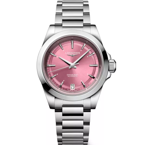 Longines Conquest women's watch L3.430.4.99.6, pink dial, silver stainless steel strap