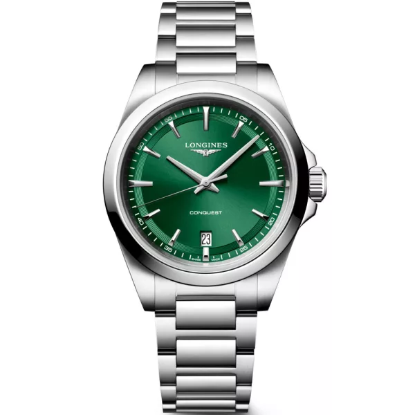 Longines Conquest men's watch L3.750.4.09.6, green dial, silver stainless steel strap