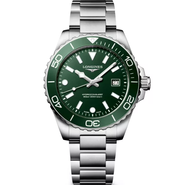 Longines HydroConquest men's watch L3.769.4.06.6, green dial, silver stainless steel strap