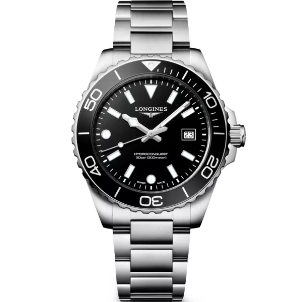 Longines HydroConquest men's watch L3.769.4.56.6, black dial, silver stainless steel strap