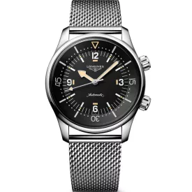 Longines Legend Diver 59 men's watch set L3.795.4.59.9, black dial, silver stainless steel strap