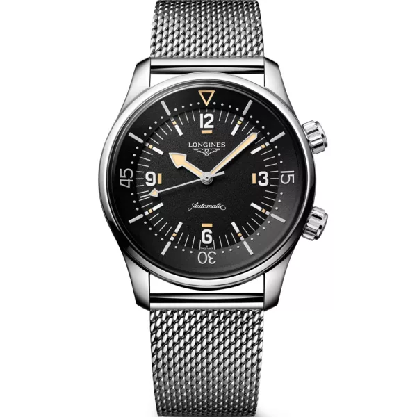 Longines Legend Diver 59 men's watch set L3.795.4.59.9, black dial, silver stainless steel strap