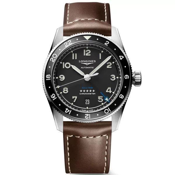 Longines Spirit Zulu Time men's watch L3.802.4.53.2, black dial, brown leather strap