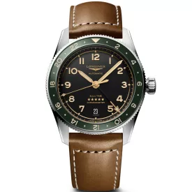 Longines Spirit Zulu Time men's watch L3.802.4.63.2, green dial, brown leather strap