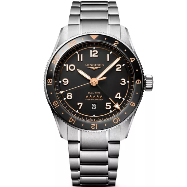 Longines Spirit Zulu Time men's watch L3.812.4.50.6, black dial, silver stainless steel strap
